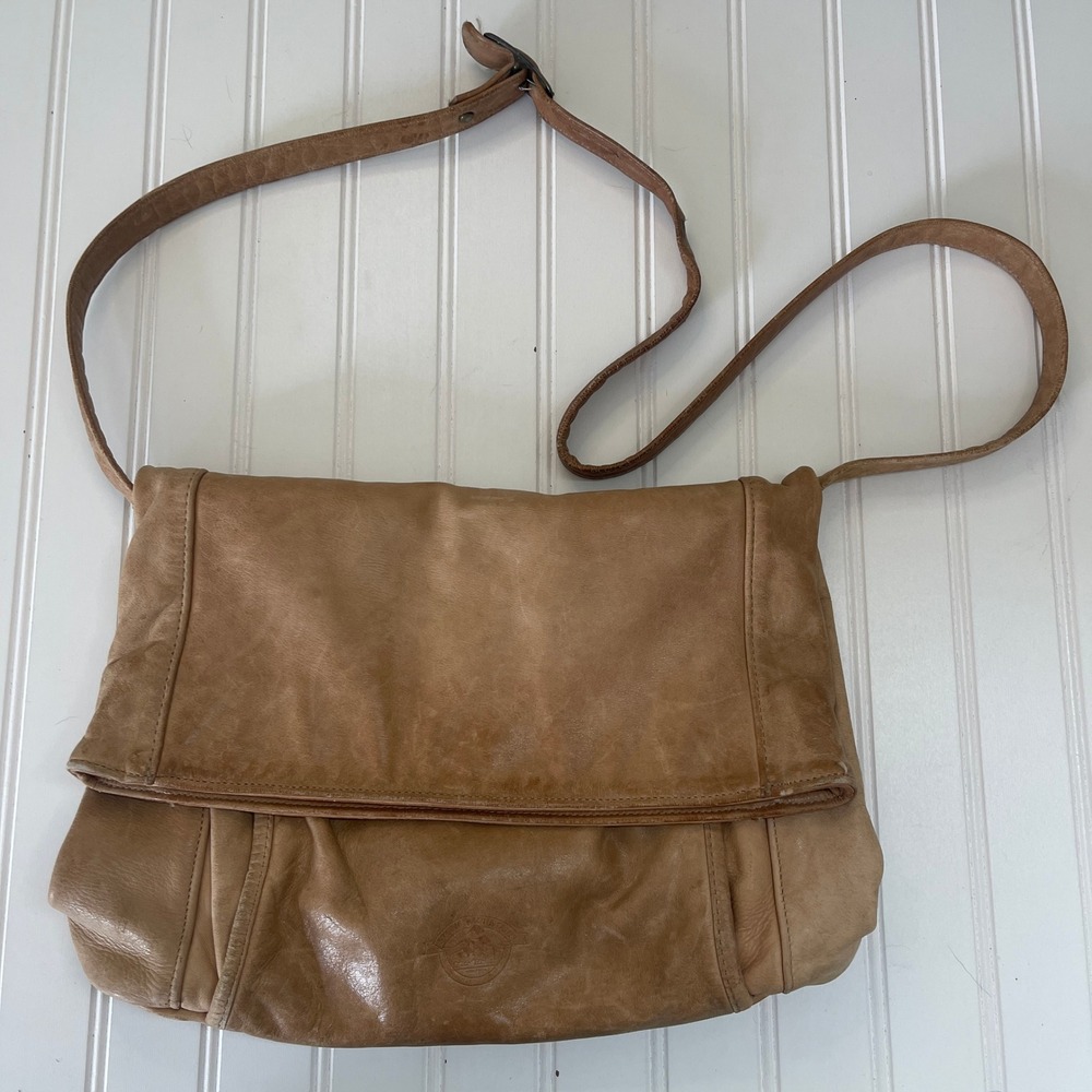 Stone Mountain Tan Leather Boho Foldover Crossbody Bag Made in USA Vintage‎ Hobo